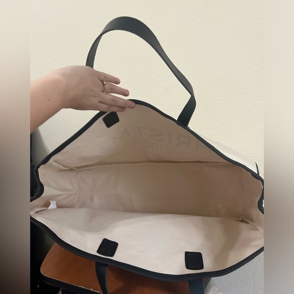 Santa Barbara Tote Bag Cotton Canvas Leather Handles Black/White Christmas Vibes - Picture 8 of 15